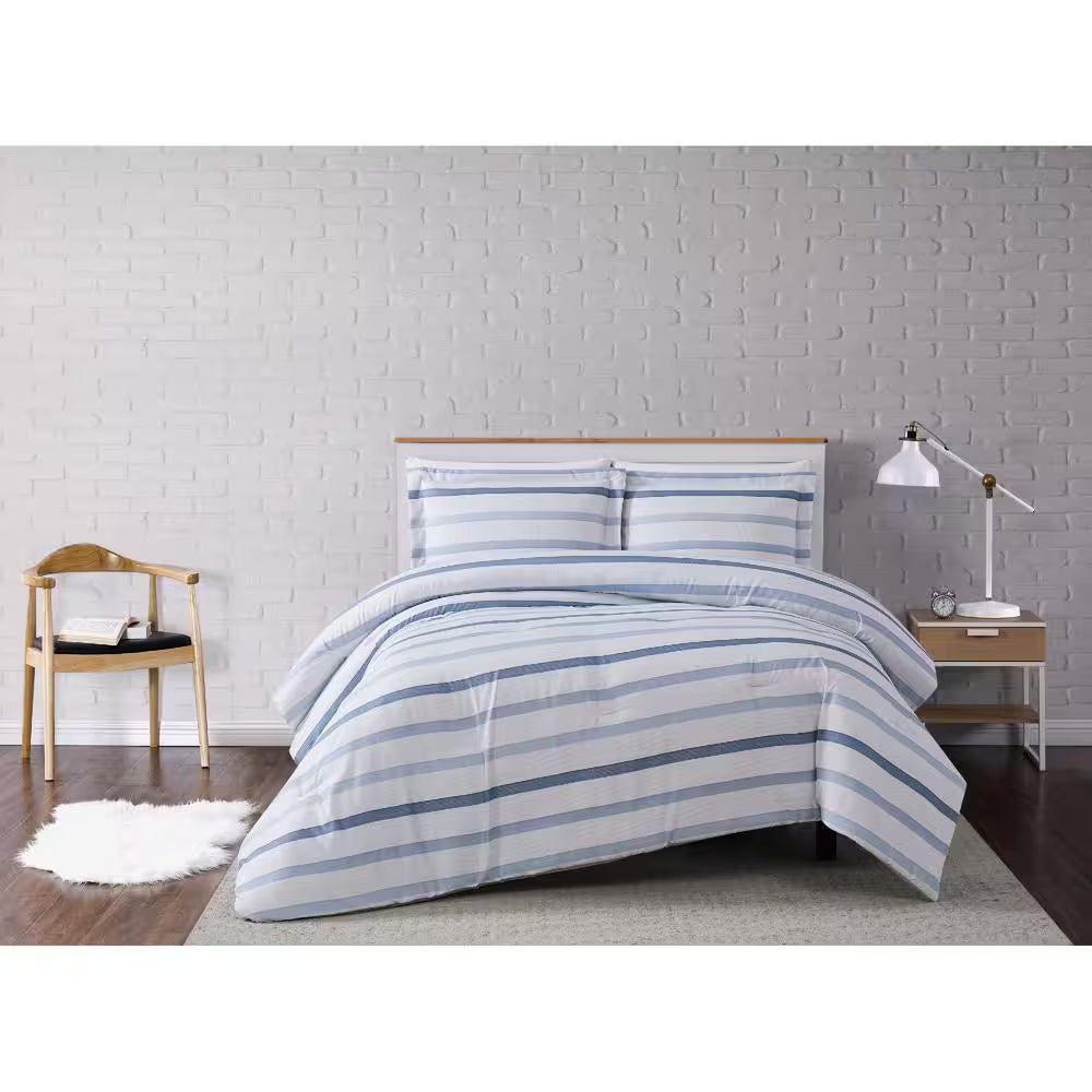 Waffle Stripe Twin XL 2-Piece White/Blue Comforter Set