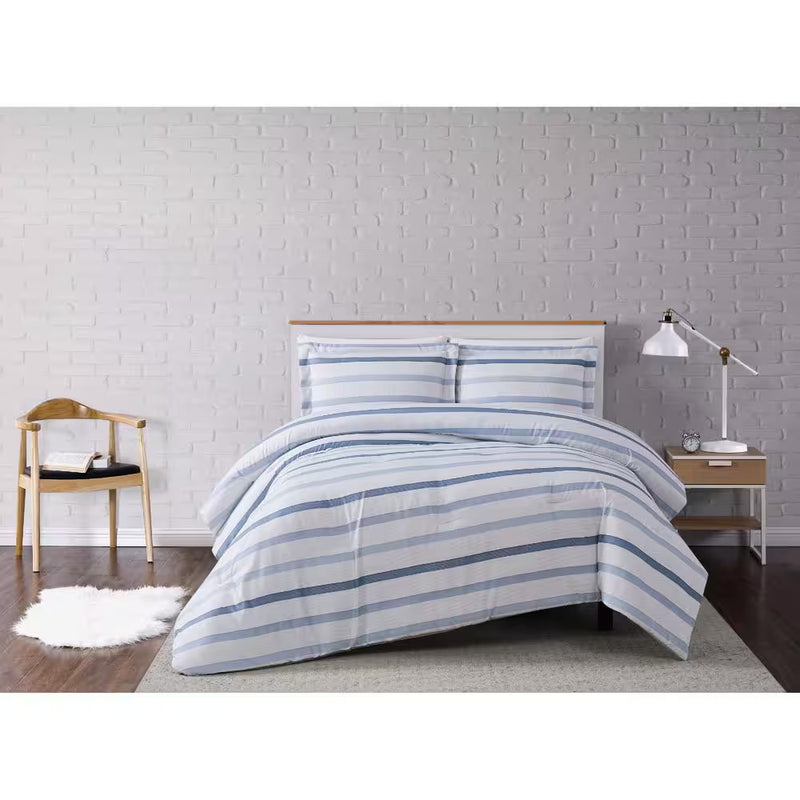 Waffle Stripe Twin XL 2-Piece White/Blue Comforter Set