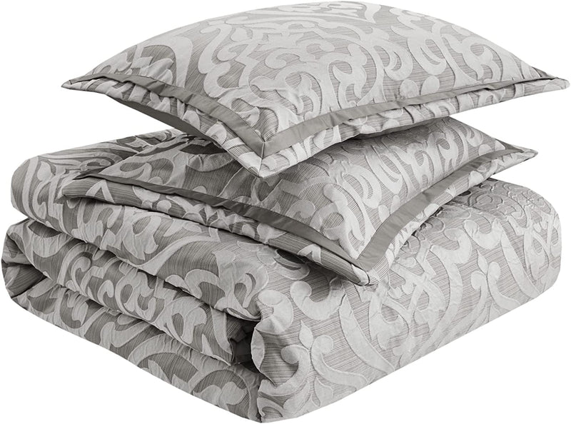 Tesla Cozy Comforter Set Jacquard Damask Medallion Design - All Season down Alternative Bedding, Shams, Bedskirt, Decorative Pillows, Queen, Silver 6 Piece - Puck's