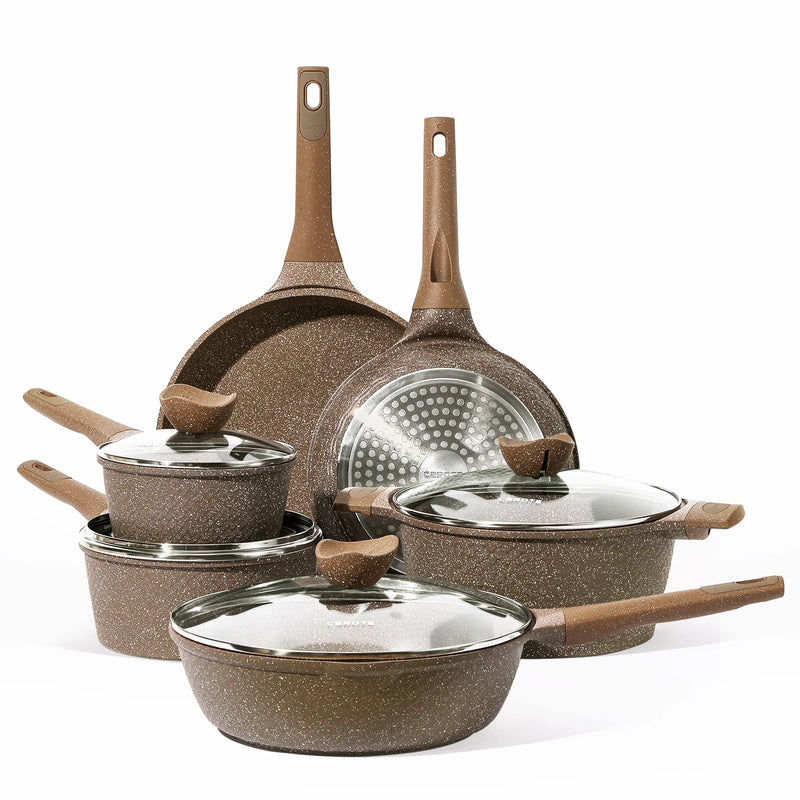 Nonstick Granite Cookware Sets, 10 Pcs Brown Pots and Pans, Induction Kitchen Cooking Set - Puck's