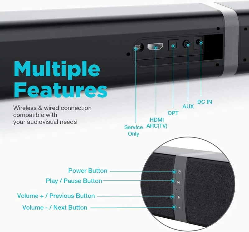 Sound Bars for TV, Bluetooth Soundbar for TV, 50W TV Sound Bar with 4 Drivers and Remote Control, Home Audio TV Speakers Sound Bar with Arc/Optical/Aux Connect - Puck's