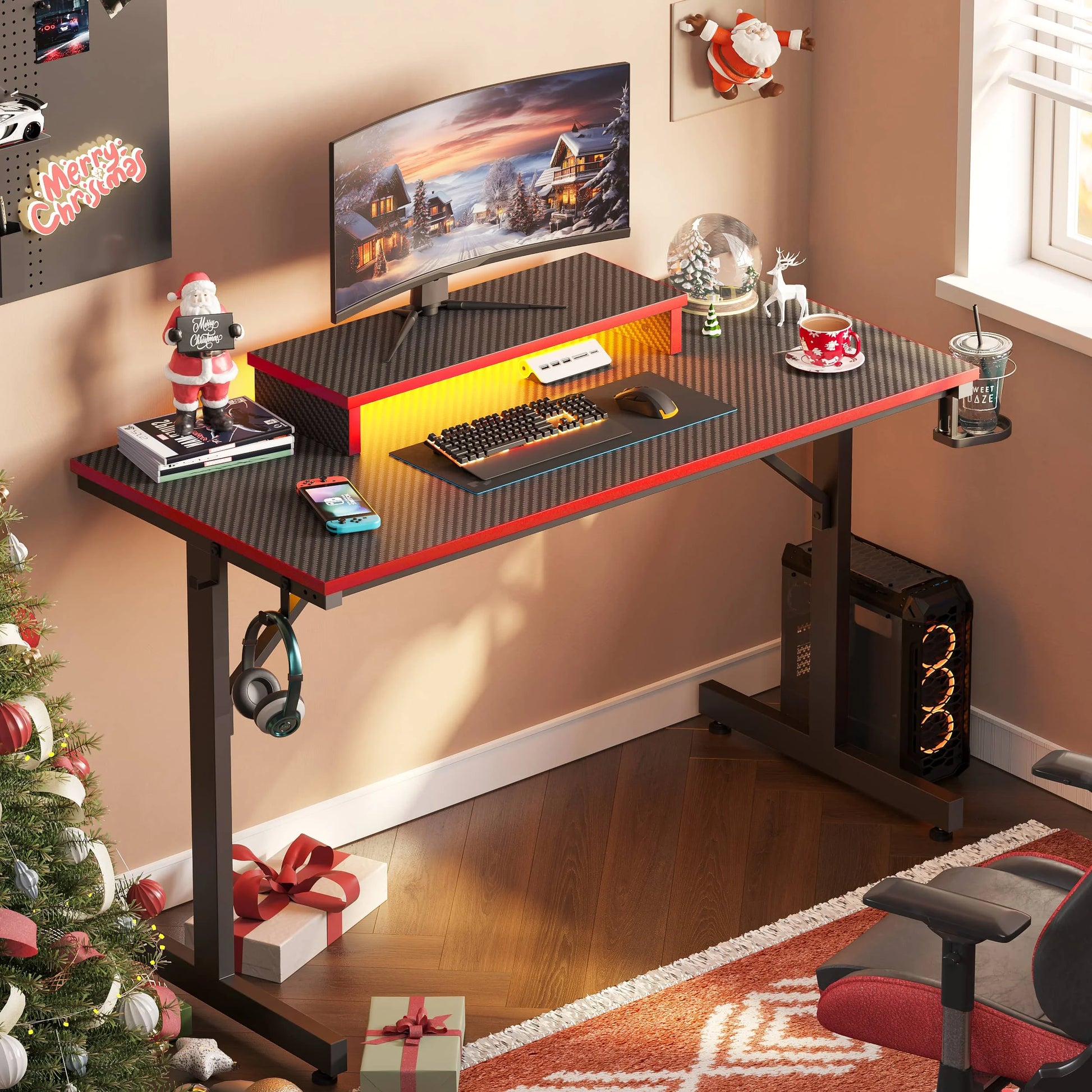 42" Gaming Desk PC Computer Office Gamer Table Desk with LED Lights & Monitor Stand in Red - Puck's