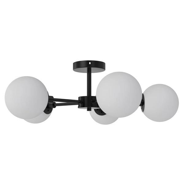 26" Architectural 5-Globe Ceiling Light, Black Finish Frosted Glass Shades - Puck's
