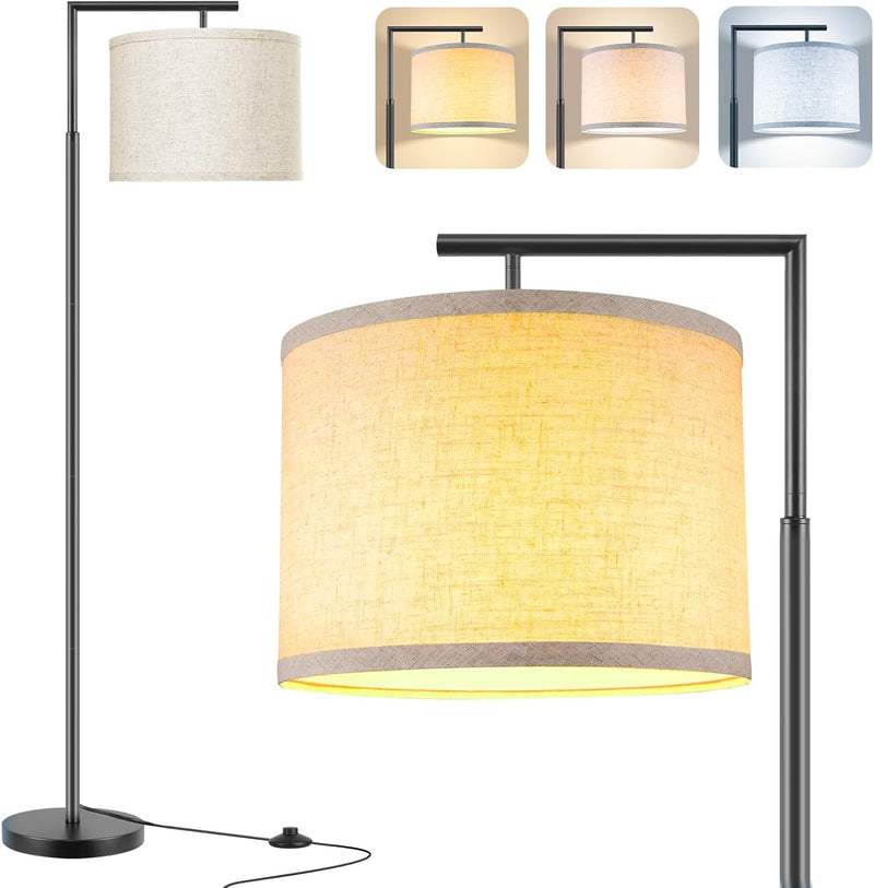 Floor Lamp for Living Room with 3-Color Temperature 9W LED Bulb, Modern Standing Lamp with Linen Beige Shade & Foot Switch, Tall Pole Lamp for Bedroom, Study Room, Office, Kids Room (Black) - Puck's