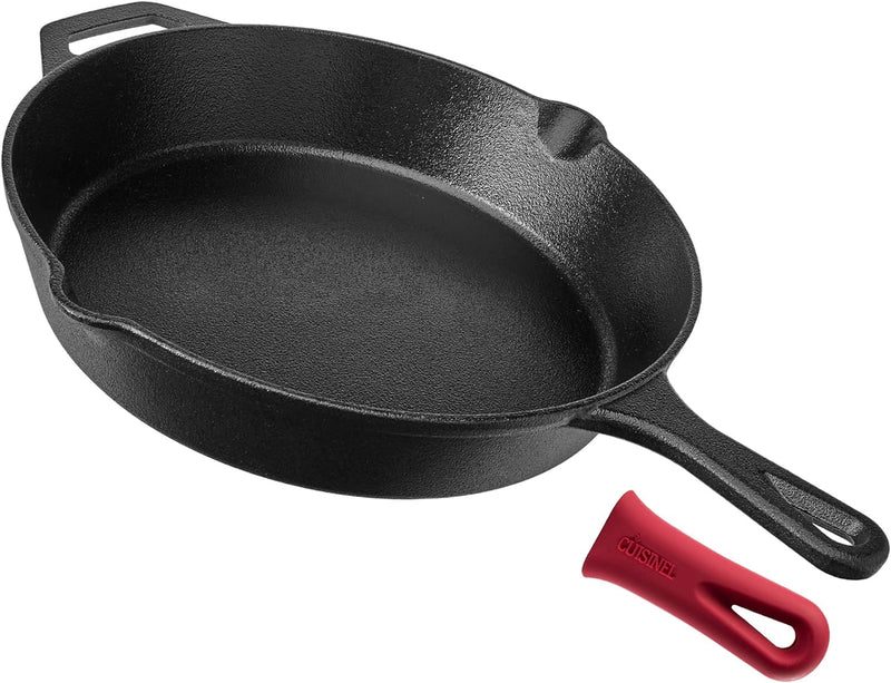 Cast Iron Skillet - 12"-Inch Frying Pan with Assist Handle + Red Silicone Grip Cover - Pre-Seasoned Oven Safe Cookware - Indoor/Outdoor Use - Grill, Stovetop, Induction, BBQ and Firepit Safe - Puck's