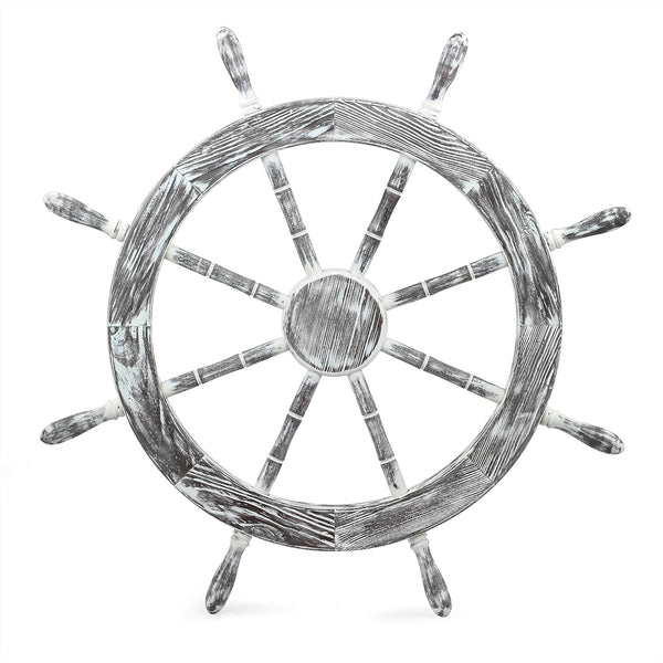 30" Antique White Nautical Decorative Premium Pine Wood Ship Wheel | Captain Maritime Beach Home Decor Gift - Puck's