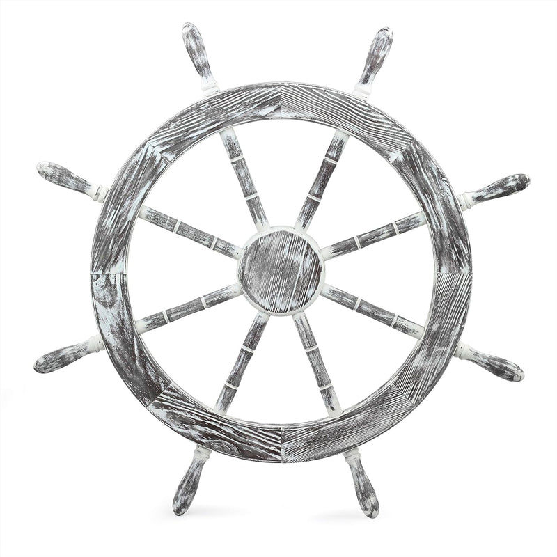 30" Antique White Nautical Decorative Premium Pine Wood Ship Wheel | Captain Maritime Beach Home Decor Gift - Puck's