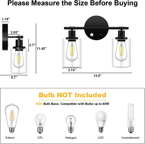 2 Light Bathroom Vanity Lights Fixtures with Motion Sensor, Black Industrial Wall Lighting Sconces with Glass Shade Modern Lamp for Cabinets, Farmhouse, Porch, Corridor, Mirror (Bulb Not Included) - Puck's