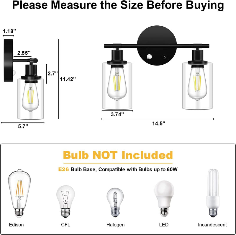 2 Light Bathroom Vanity Lights Fixtures with Motion Sensor, Black Industrial Wall Lighting Sconces with Glass Shade Modern Lamp for Cabinets, Farmhouse, Porch, Corridor, Mirror (Bulb Not Included) - Puck's