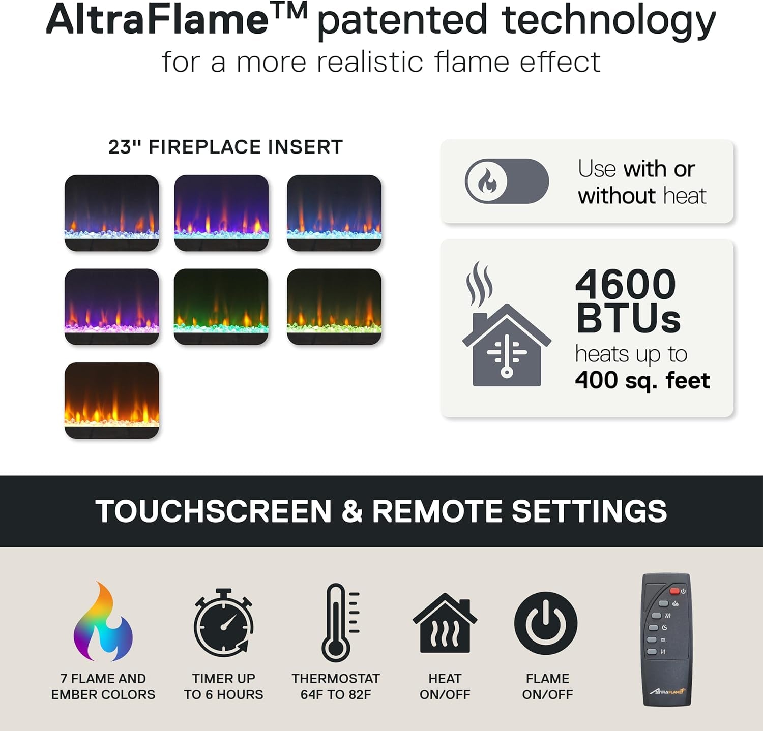 Lumina Fireplace TV Stand for Tvs up to 70 Inch, Replaceable Electric Fireplace Insert Heater, Remote Control, Timer, Color Changing LED Lights, Crystal Ember Flames, White - Puck's