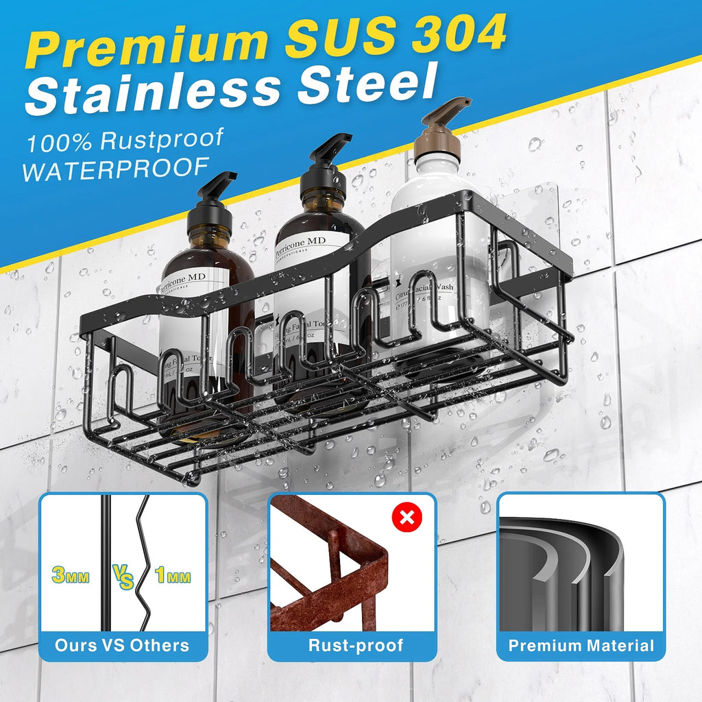 Shower Caddy, Shower Shelves 5 Pack, Adhesive Shower Organizer for Bathroom & Kitchen, No Drilling, Large Capacity, Rustproof SUS304 Stainless Steel Bathroom Organizer, Bathroom Accessories, Black - Puck's