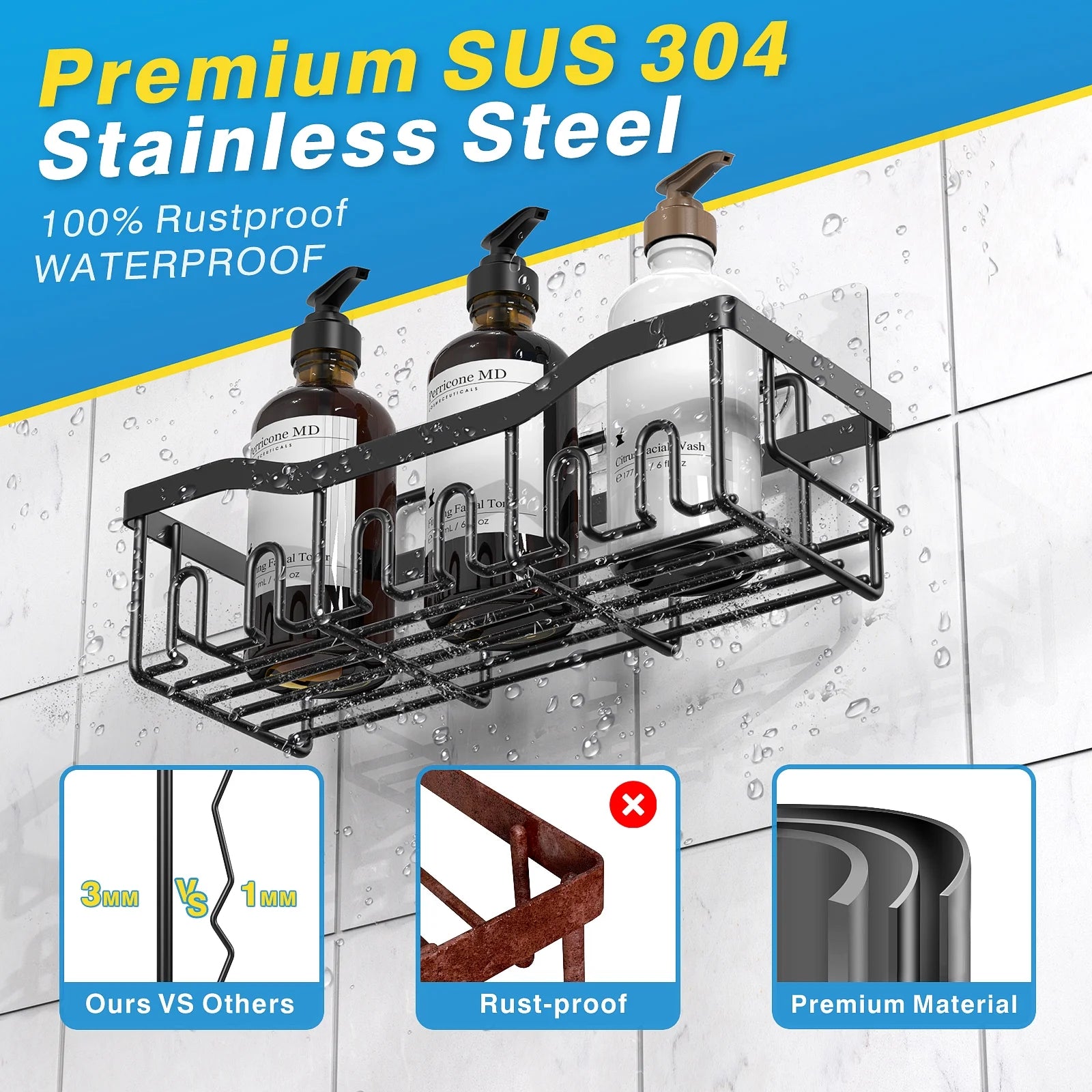 Shower Caddy, Shower Shelves 5 Pack, Adhesive Shower Organizer for Bathroom & Kitchen, No Drilling, Large Capacity, Rustproof SUS304 Stainless Steel Bathroom Organizer, Bathroom Accessories, Black - Puck's