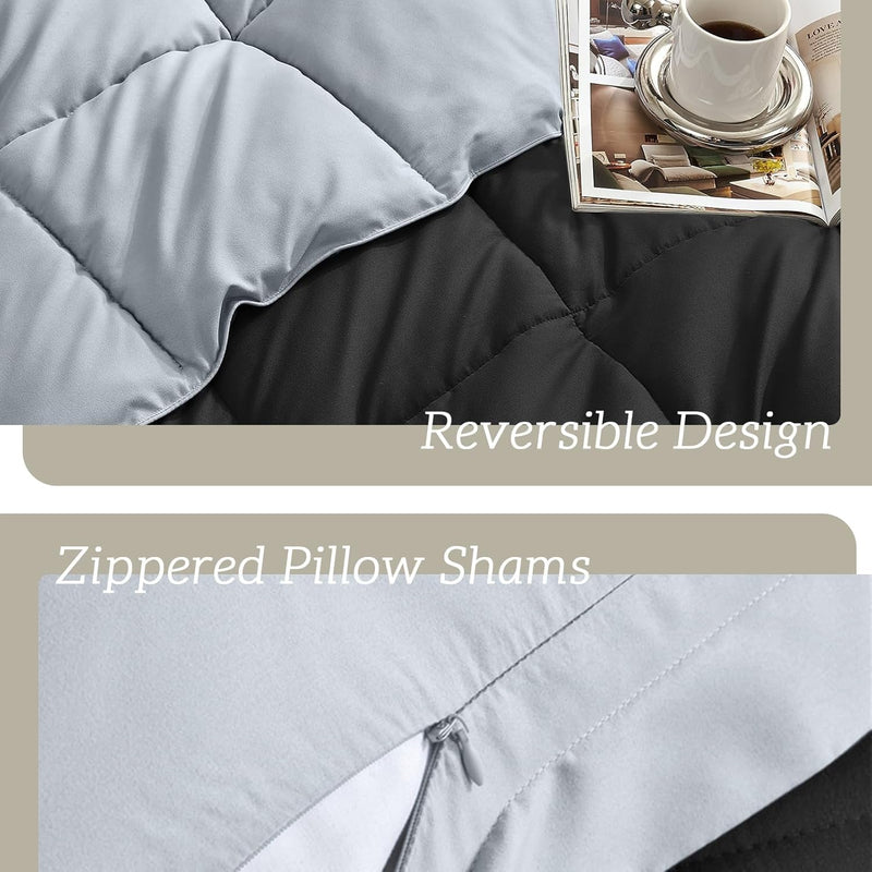 King Size Comforter Set Black, Lightweight Reversible Comforter Sets King Size Bed, Soft down Alternative King Bedding Sets All Season 3 Pcs Bed Set with 2 Shams Black/Light Grey - Puck's