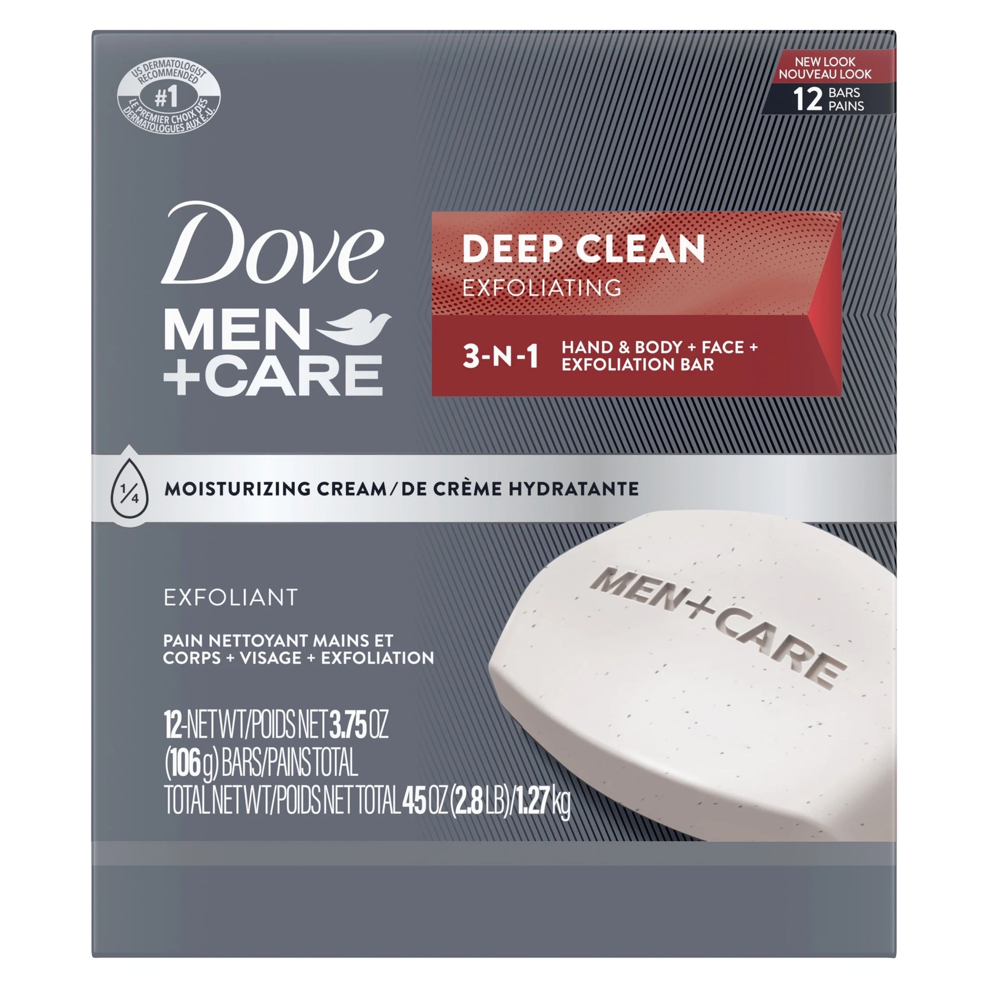 (4 Pack)  Men+Care 3-In-1 Hand & Body + Face + Exfoliation Bar for Dry Skin, Deep Clean, 3.75 Oz 12 Bars