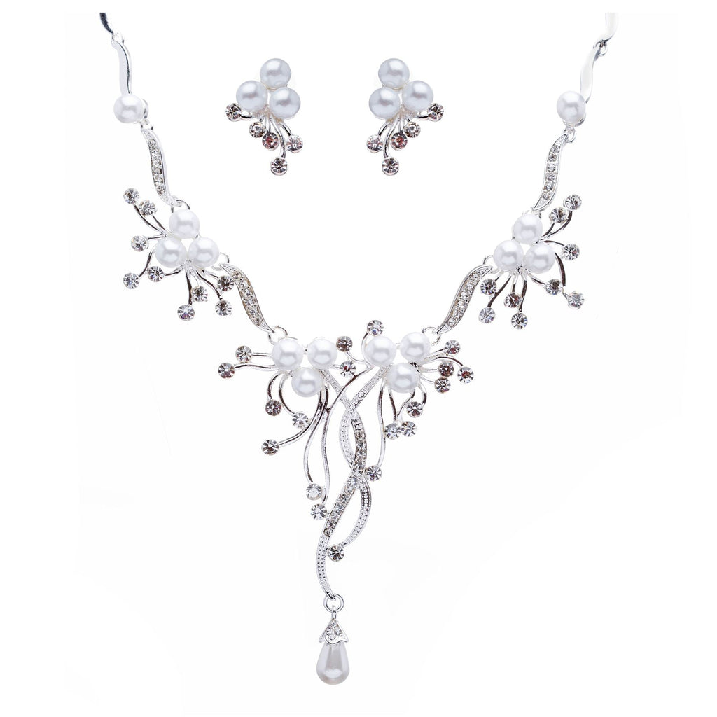 Bridal Wedding Jewelry Set Crystal Rhinestone Pearl Floral Vine Design Necklace - Puck's