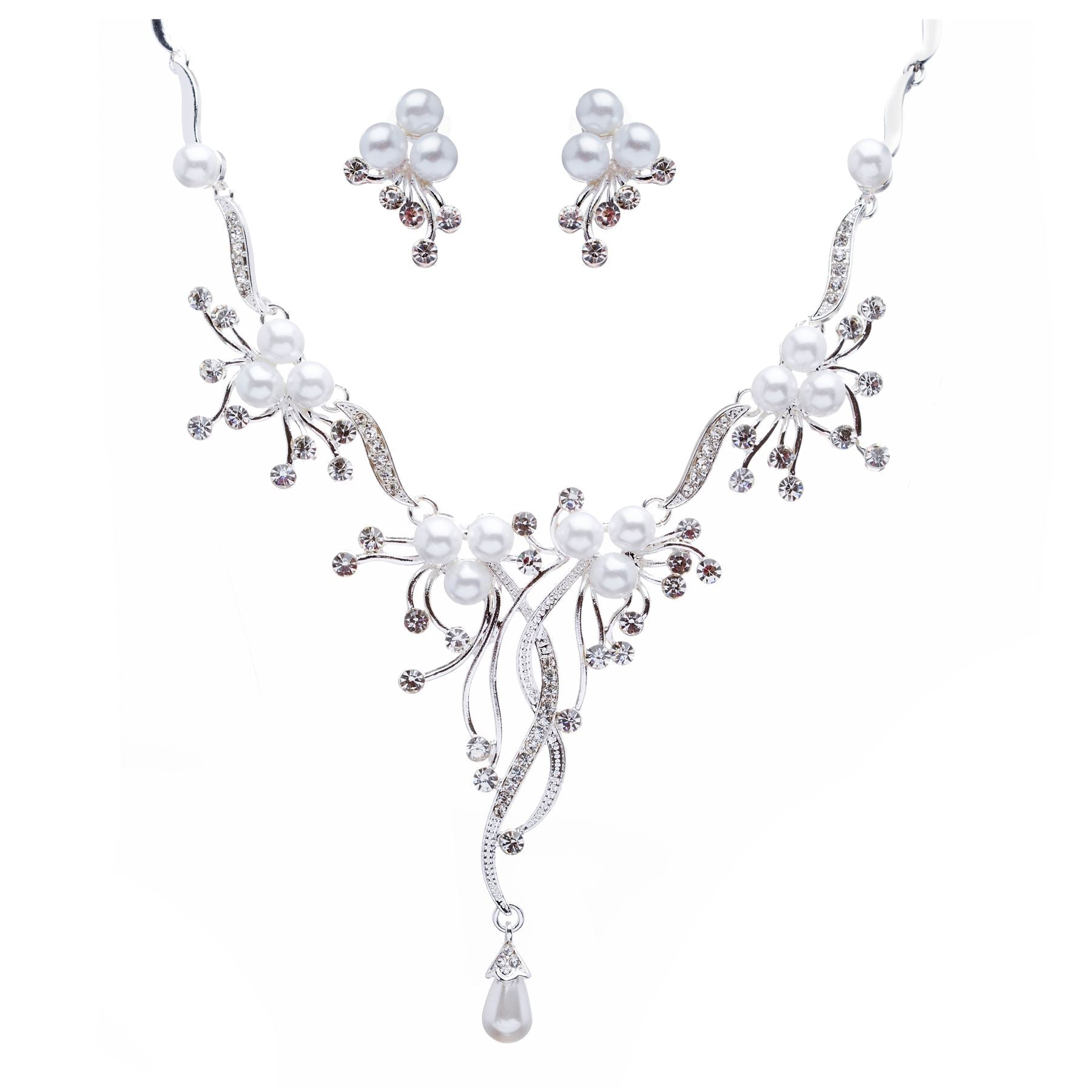 Bridal Wedding Jewelry Set Crystal Rhinestone Pearl Floral Vine Design Necklace - Puck's