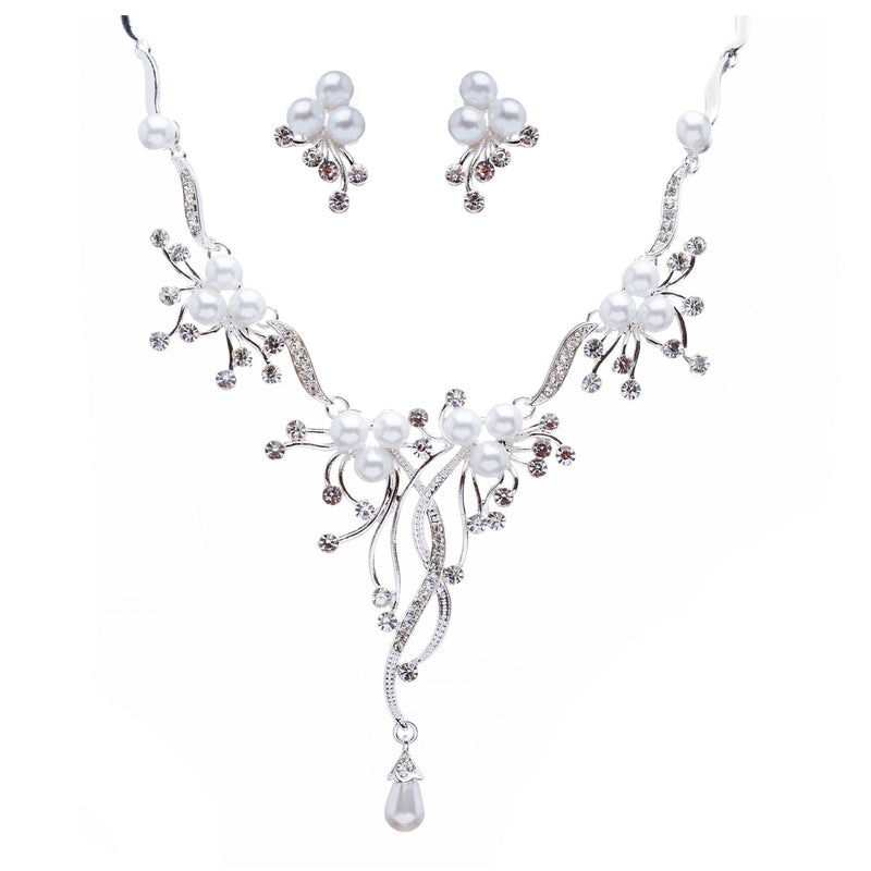 Bridal Wedding Jewelry Set Crystal Rhinestone Pearl Floral Vine Design Necklace - Puck's