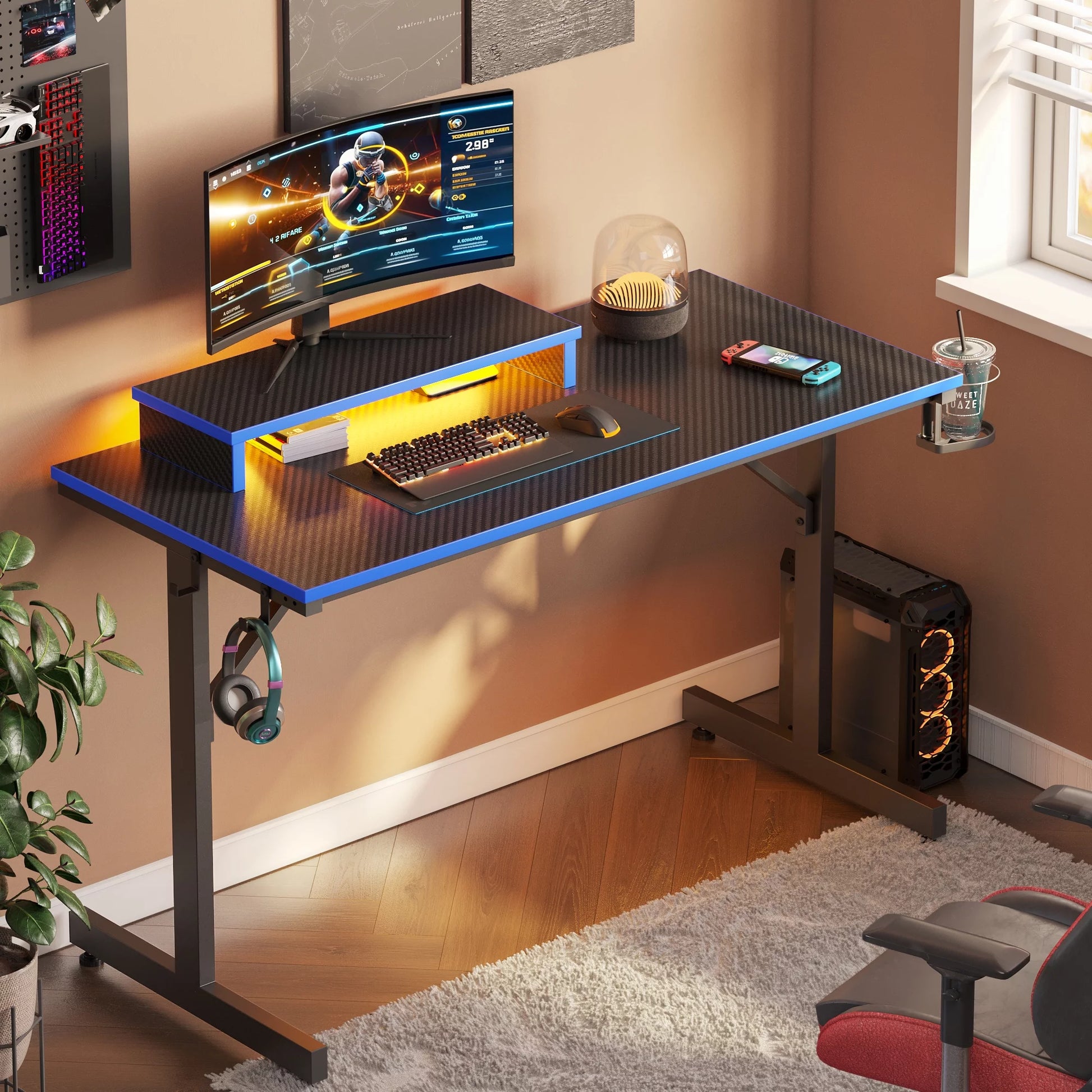42" Gaming Desk PC Computer Table with LED Lights & Monitor Stand & Hook & Cup Holder in Blue - Puck's