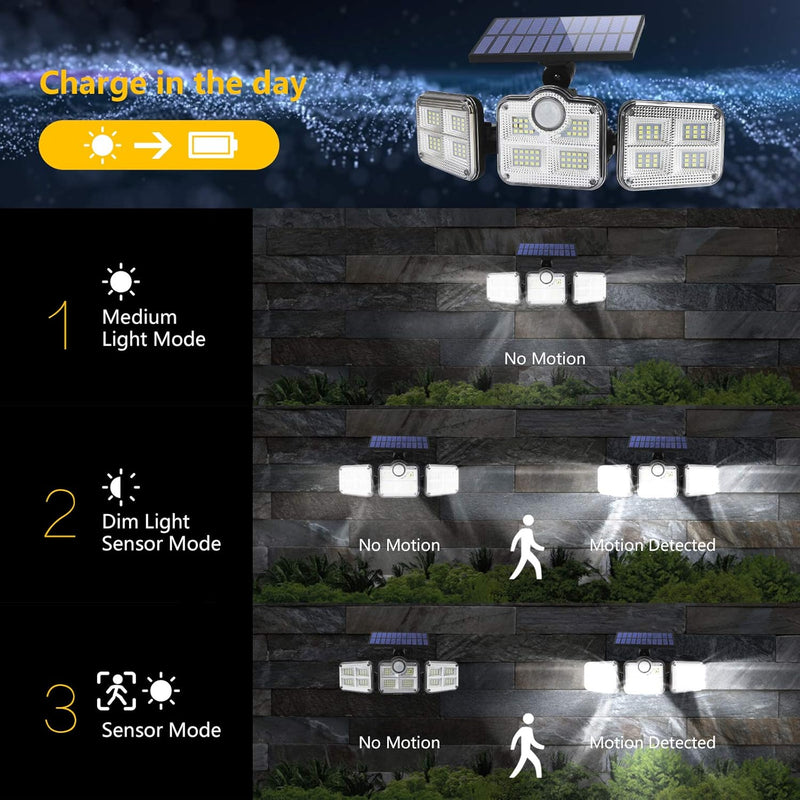 Solar Lights Outdoor Waterproof - Solar Motion Sensor Lights 270° Wide Angle: Solar Security Lights 3 Adjustable Heads LED Flood Lights Super Bright Solar Powered Wall Lights with Remote Control - Puck's