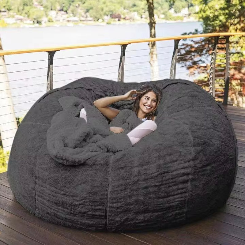 7-Foot Bean Bag Chair with Furry Fur Cover Machine Washable Big Size Sofa and Giant Lounger Furniture - Puck's