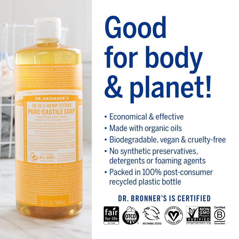 Magic Soap-Pure-Castile Liquid Soap (Citrus, 32 Ounce, 2-Pack)-Regenerative Organic Certified Oils, 18-In-1 Uses: Body, Hair, Laundry, Pets & Dishes, Concentrated, Vegan, Non-Gmo - Puck's