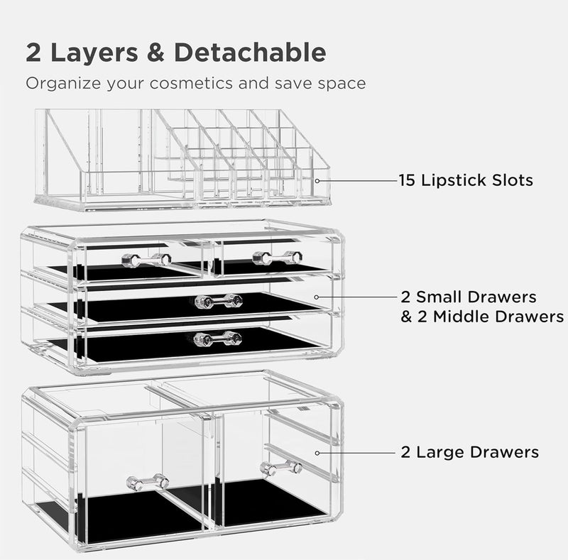Acrylic Clear Dustproof Makeup Storage Organizer Drawers Large Skin Care Cosmetic Display Cases for Bathroom Stackable Storage Box with 6 Drawers for Vanity (Clear) - Puck's