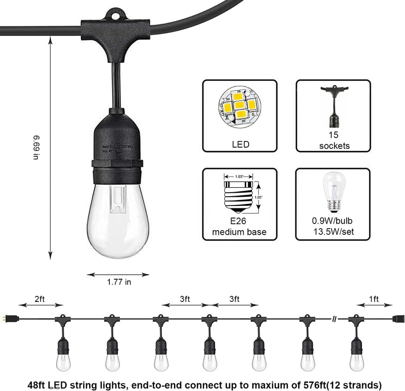 48Ft LED Outdoor String Lights with 0.9W Shatterproof Bulbs for Patio, Backyard, Porch, Commercial Light String - Puck's