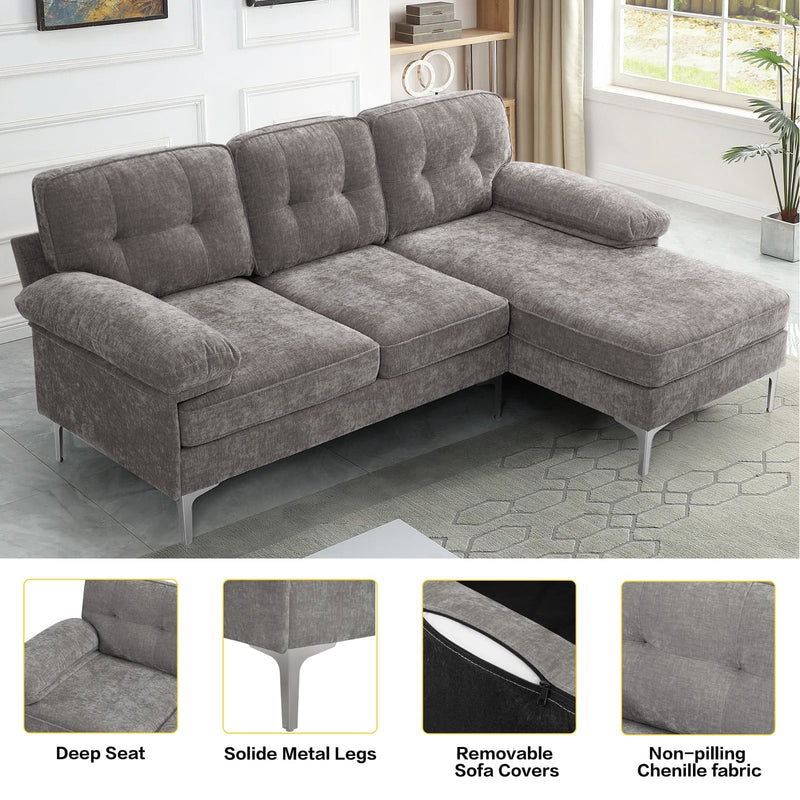 Converteerbare slaapbank, L-vormige bank met omkeerbare chaise lounge, Chenille stof moderne bank voor woonkamer, appartement, kantoor, 3 zitplaatsen, grijs - Puck's