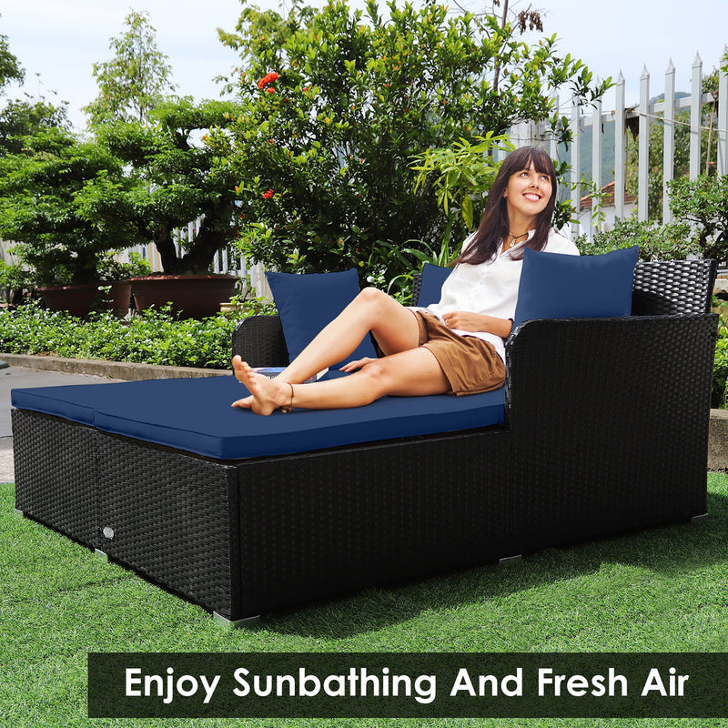 Outdoor Patio Rattan Daybed Pillows Cushioned Sofa Furniture Navy - Puck's