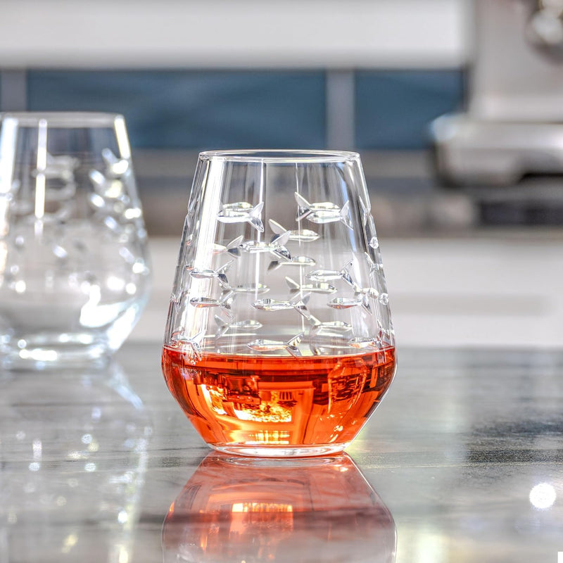 | School of Fish Stemless Tumbler | Stemless Wine Glasses 18Oz | Lead-Free Glass | Engraved and Polished in Pennsylvania | US Made (Set of 4) - Puck's