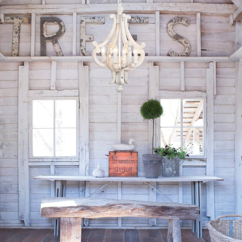 Farmhouse Rustic Wood Light Fixture Distressed White Dining Room Pendant Chandelier French Country 4 Light Candle Hanging Lamp for Kitchen Island Living Room Bedroom Entryway Foyer - Puck's