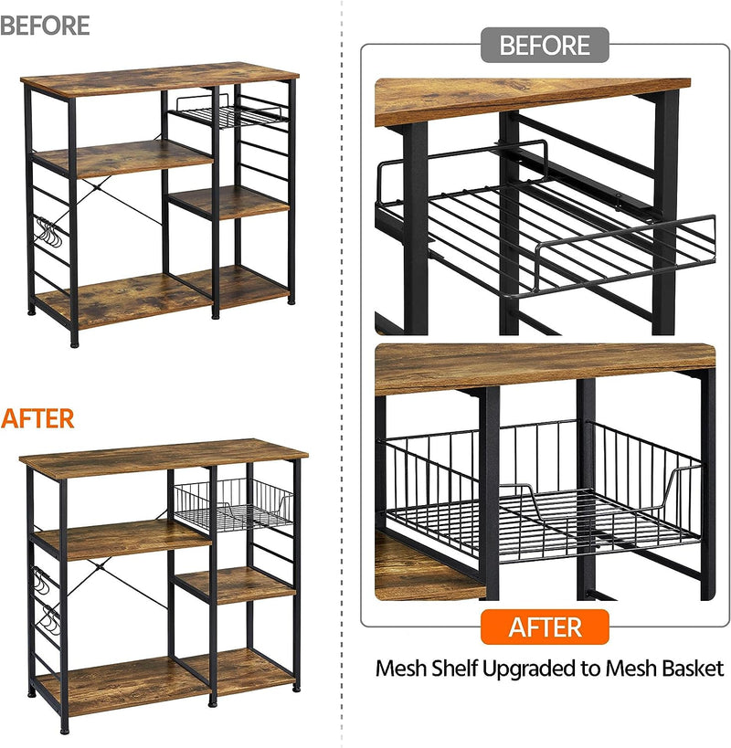 4-Tier Kitchen Baker'S Rack, Coffee Bar Microwave Stand Cart with Wire Basket & 6 Side Hooks, Kitchen Organizer Shelf for Spices/Utensils Foods, Rustic Brown - Puck's