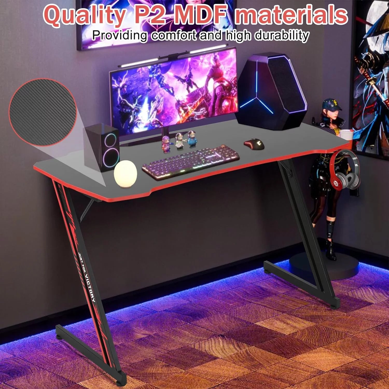 ncs 47 Inch Gaming Desk Z-Shaped Computer Desk Home Office Desk with Headphone Hook, Red - Puck's