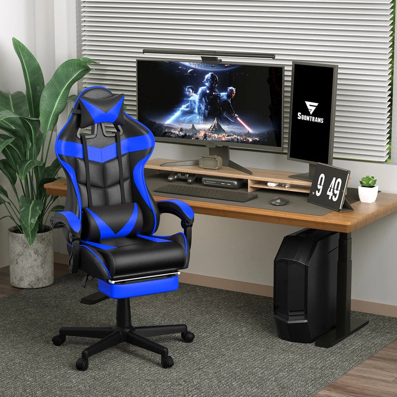 Blue Gaming Chair with Footrest, Office Chair with Massage Lumbar Support & Adjustable Headrest, High Back Comuputer Chair, Ergonomic Game Gamer Chair for Adults Kids, Blue - Puck's