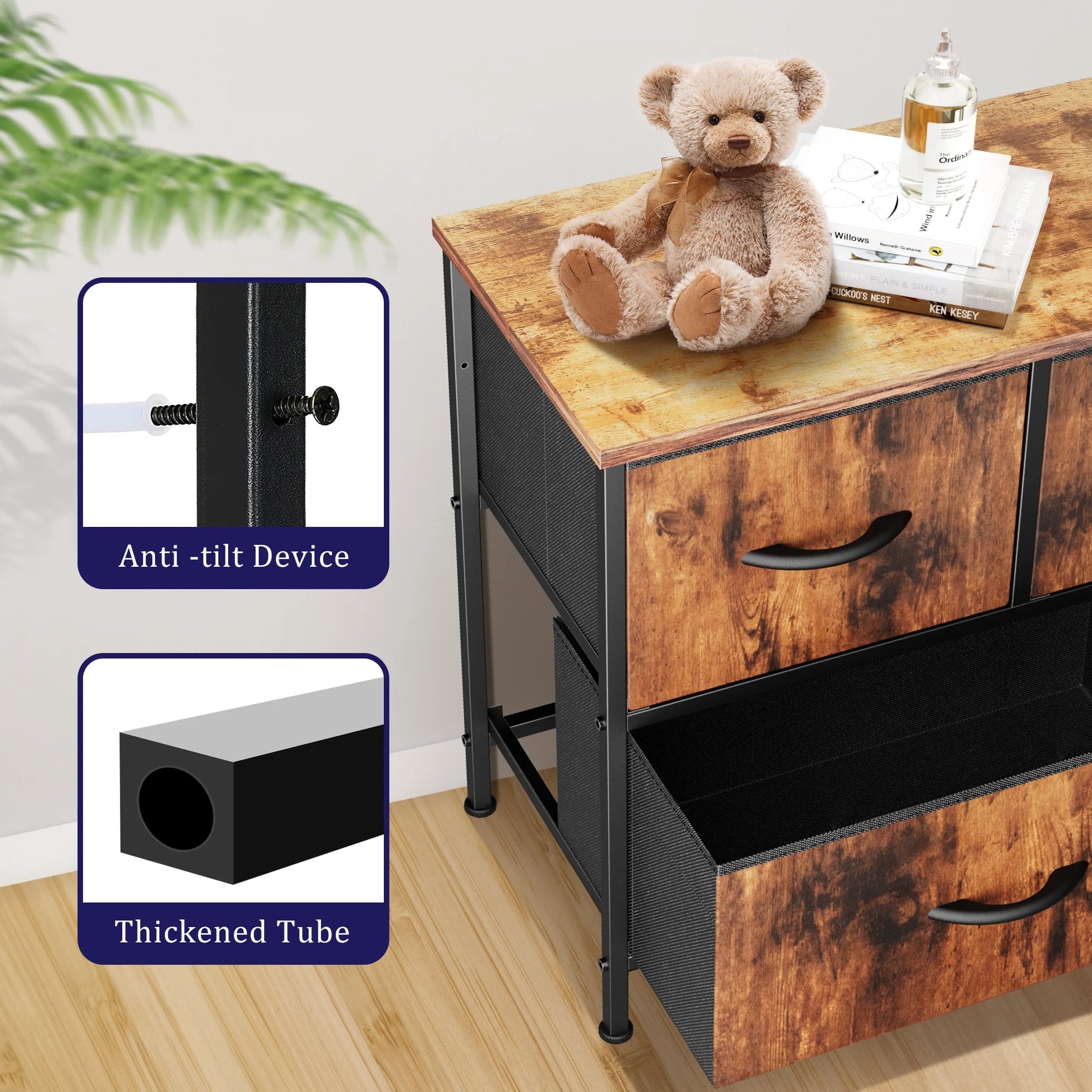 5 Drawer Dresser, Wide Chest of Drawers Nightstand Storage Tower Storage Dresser Fabric Dresser with Wood Top for Living Room, Bedroom, Hallway, Rustic Brown - Puck's