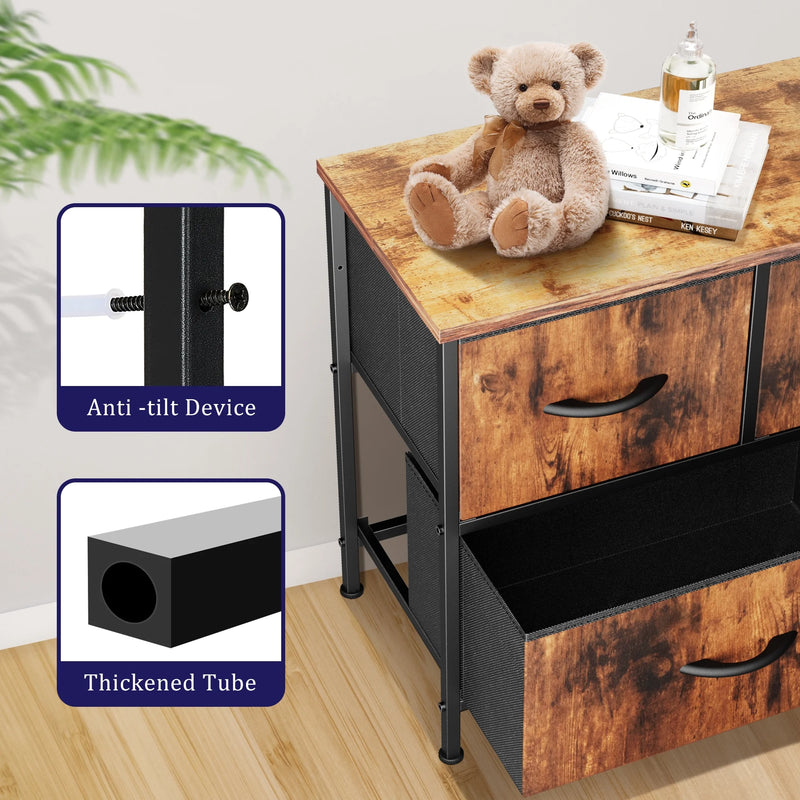 5 Drawer Dresser, Wide Chest of Drawers Nightstand Storage Tower Storage Dresser Fabric Dresser with Wood Top for Living Room, Bedroom, Hallway, Rustic Brown - Puck's
