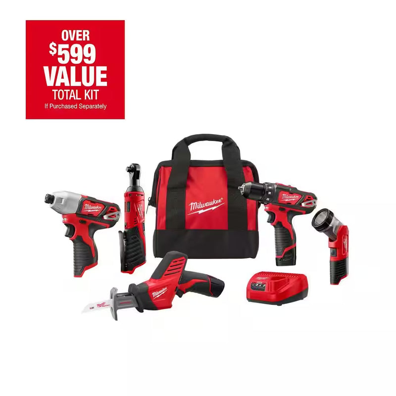 M12 12V Lithium-Ion Cordless Combo Kit (5-Tool) with Two 1.5 Ah Batteries, Charger and Tool Bag - Puck's