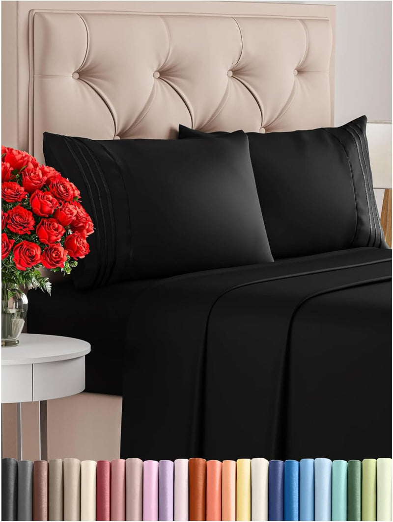 Queen Size 4 Piece Sheet Set - Comfy Breathable & Cooling Bed Sheets Set - Hotel Luxury Bedding for Women, Men, Kids & Teens - Deep Pockets, Easy Secure Fit, Soft and Wrinkle Free - Oeko-Tex - Black - Puck's
