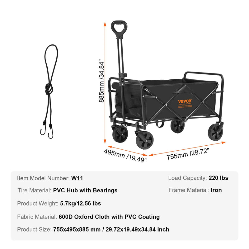 VEVOR Collapsible Folding Wagon, 2 Cu.Ft Beach Wagon Cart with All-Terrain 5In Wheels, Heavy Duty Folding Wagon Cart 220 Lbs Weight Capacity with Drink Holders, Sports Wagon for Camping, Shopping, Gar - Puck's
