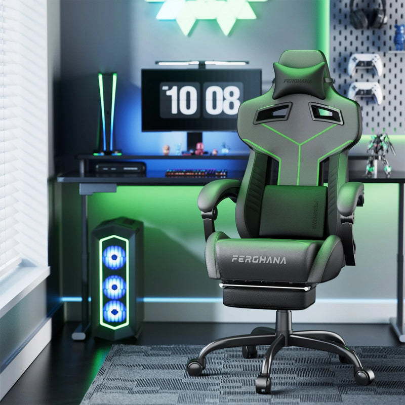 Grey Gaming Chair with Footrest, Ergonomic Computer Chair with Adjustable Height, Leather Office Chair with Massage Lumbar Support, Video Game Gamer Chair for Adults - Puck's