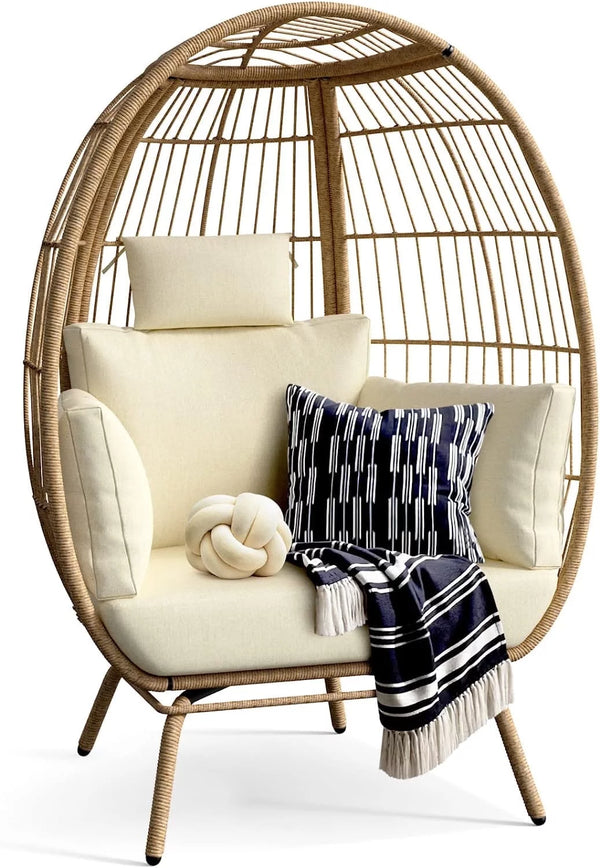 Wicker Egg Chair Outdoor Indoor Oversized Lounger with Stand and Cushions Egg Basket Chair for Patio Backyard Porch - Beige - Puck's