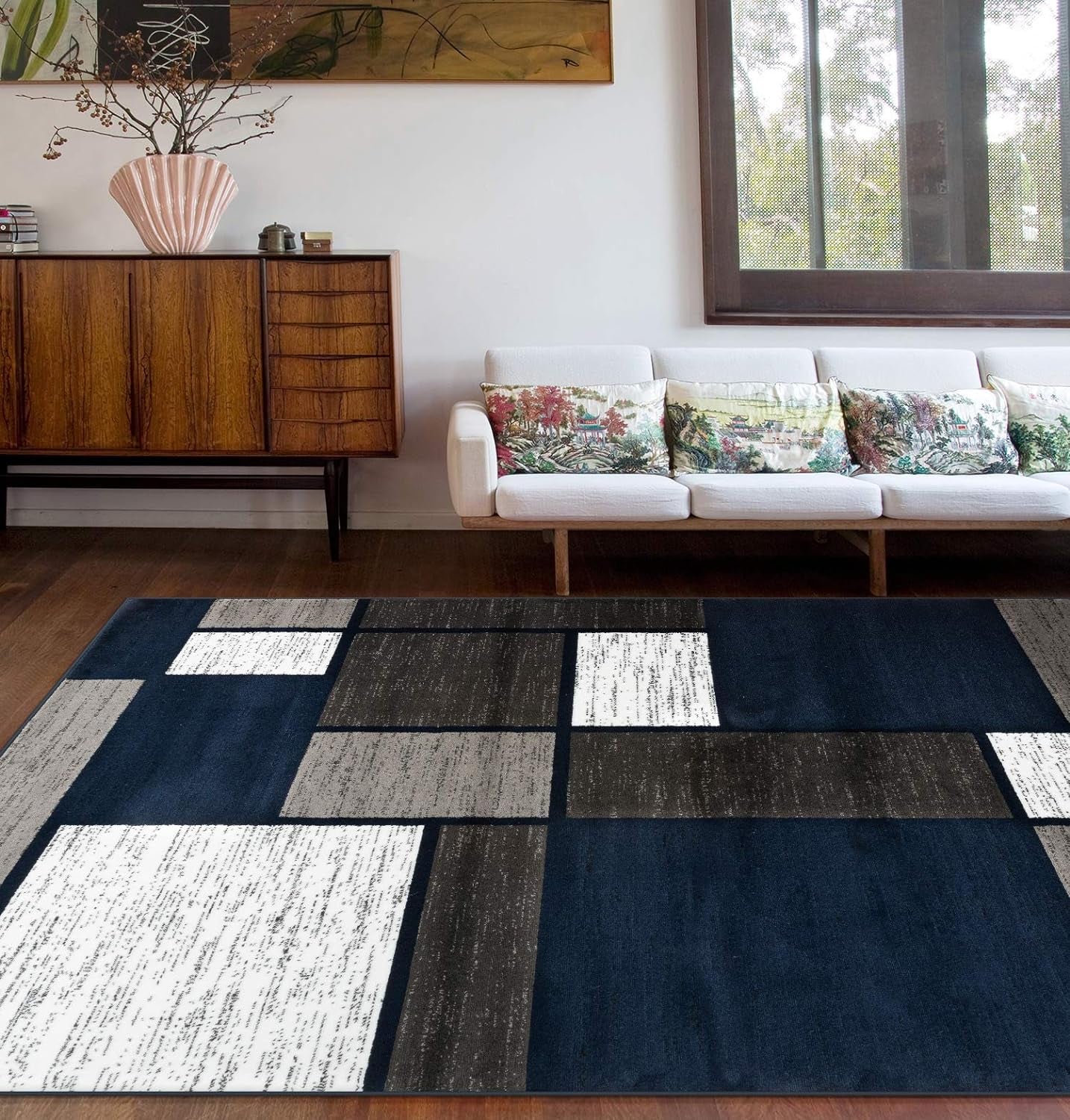 Contemporary Modern Boxes Area Rug 10' X 14' Navy - Puck's
