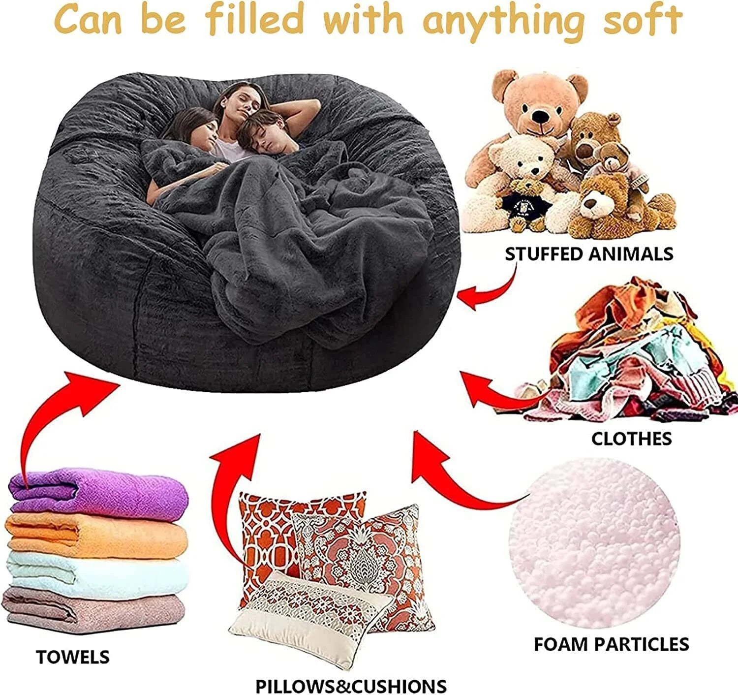 Large Sofa Sack, Ultra Soft Bean Bag Chair Cover for Living Room Lazy Lounger Chair (Stuffing Not Included), Dark Grey, 5 X 2.5 Ft - Puck's