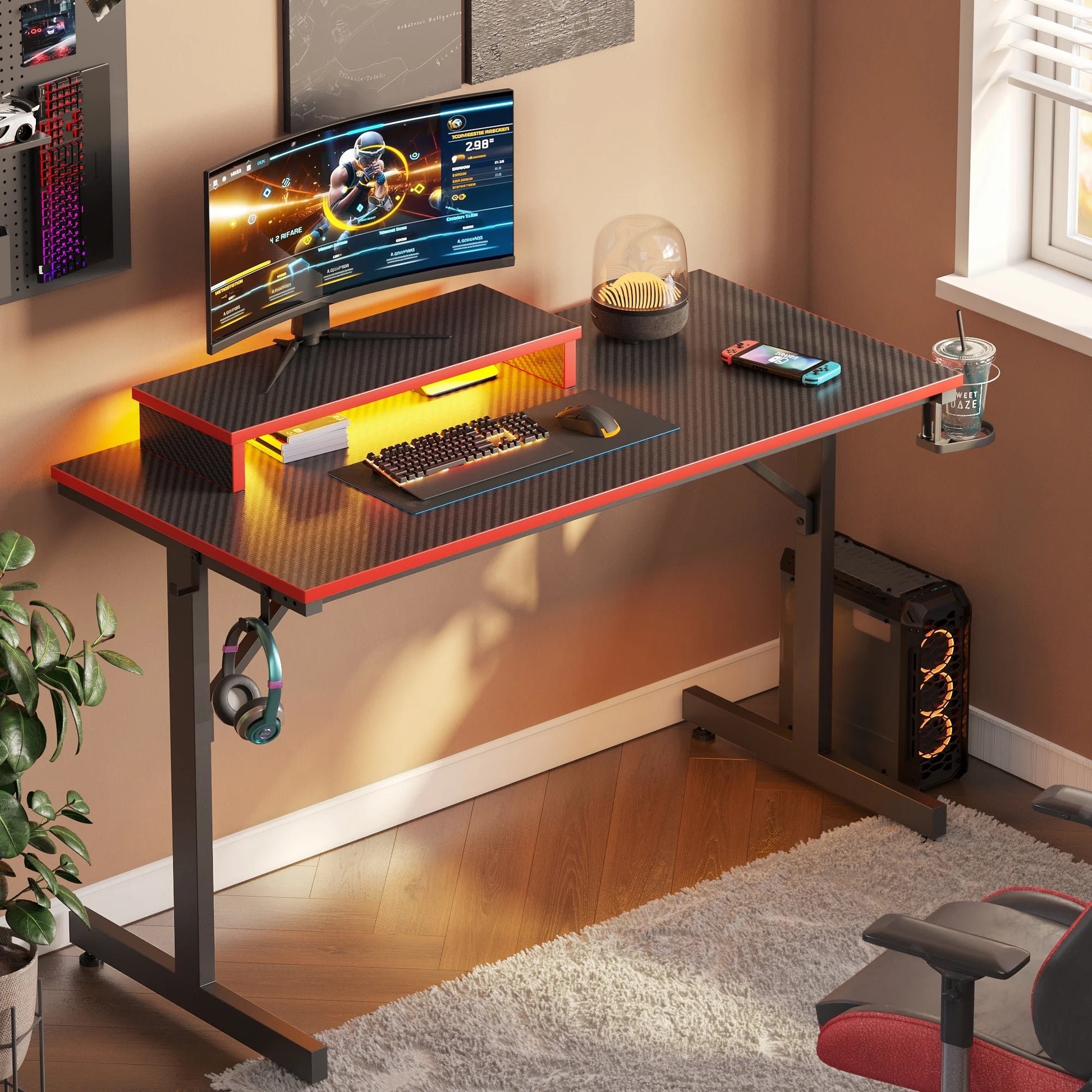 42" Gaming Desk PC Computer Office Gamer Table Desk with LED Lights & Monitor Stand in Red - Puck's