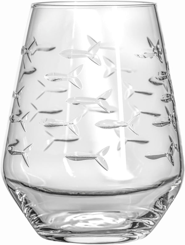 | School of Fish Stemless Tumbler | Stemless Wine Glasses 18Oz | Lead-Free Glass | Engraved and Polished in Pennsylvania | US Made (Set of 4) - Puck's