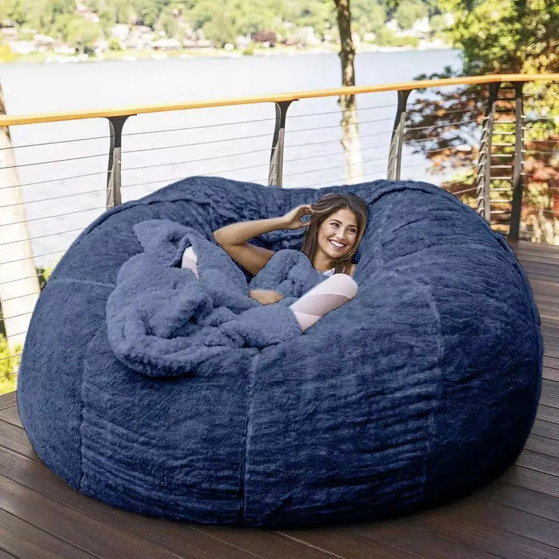 7-Foot Bean Bag Chair with Furry Fur Cover Machine Washable Big Size Sofa and Giant Lounger Furniture - Puck's