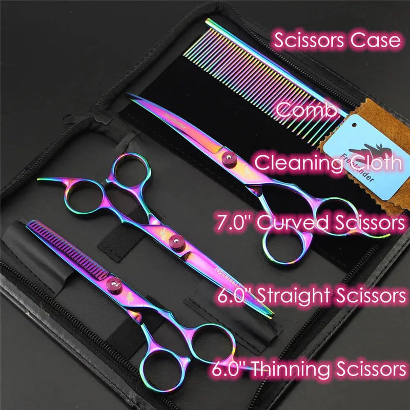 7.0 Inch Professional Pet Scissors for Dog Grooming Dogs Shears Hair Cutter Straight &Thinning & Curved Scissors 3Pcs/Set + Comb - Puck's
