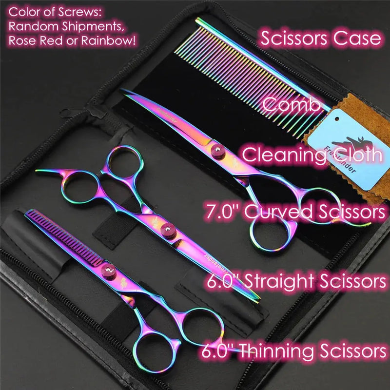 7.0 Inch Professional Pet Scissors for Dog Grooming Dogs Shears Hair Cutter Straight &Thinning & Curved Scissors 3Pcs/Set + Comb - Puck's