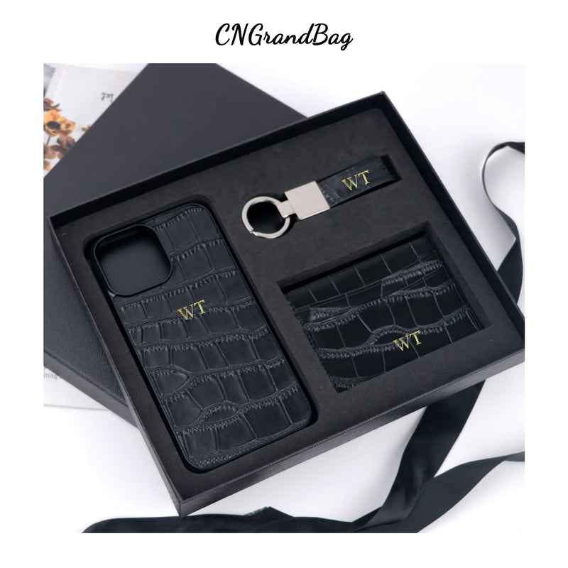 Customized Initials Gift Set Crocodile Pattern Leather Phone Case for Iphone Keychain Card Holder Gift Box Set Business Gift Set - Puck's