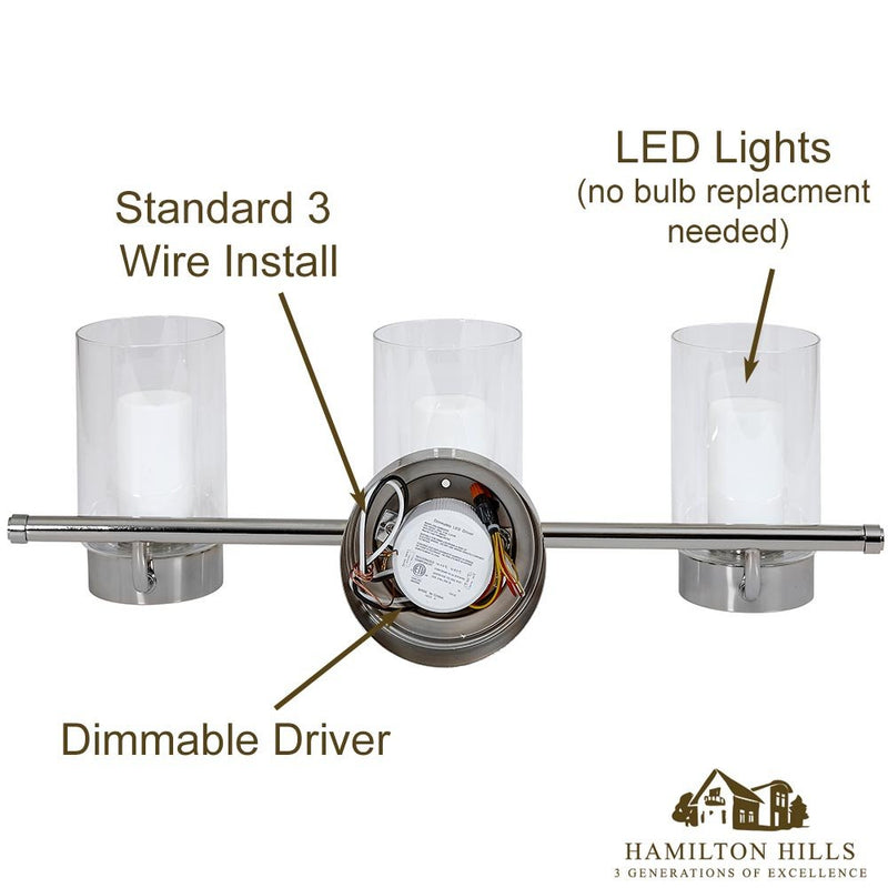 Polished Nickel Candle Light Fixture | Glass Surrounded LED Lighting Fixture | Vanity, Bedroom, or Bathroom | Interior Lighting Triple Light - Puck's